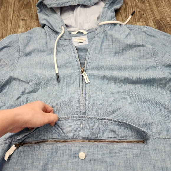 LL Bean Chambray Anorak Hoodie Light Blue Pullover Kangaroo Pocket Size Large - Picture 4 of 13
